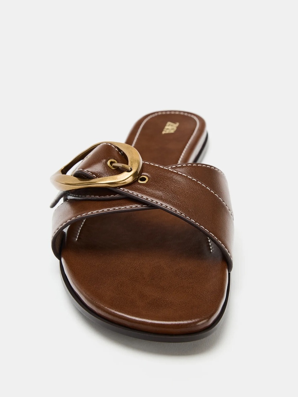 ZARA Brown Leather Slide Sandals with Brass-Tone Buckle - Picture 4 of 5